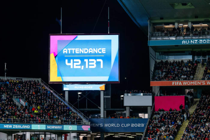 A photo taken during a game at the 2023 Women's World Cup between New Zealand and Norway, which was watched live by 42,137 fans at Auckland's Eden Park